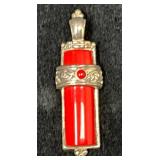 925 Marked Red Stone Pendant With Ornate Design