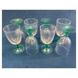 7 Clear Glass Goblets with Green Stems