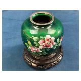 Green Cloisonne Vase with Wooden Stand