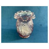 Ruffled Edge Pink Glass Vase with Floral Relief De