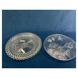 Two Clear Glass Serving Plates with Etched Details