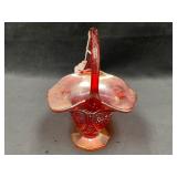 Ruby Red Glass Basket with Ornate Design and Handl