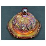Carnival Glass Dome-Covered Dish with Geometric an
