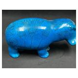 Blue Glazed Ceramic Hippopotamus Figurine with Flo