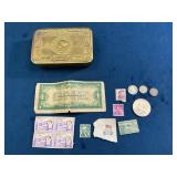 Currency, Coins, and Stamps in Brass Tin
