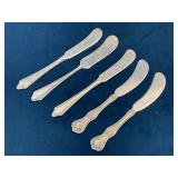 Five Sterling Silver Butter Knives, Marked 925
