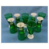 Eight Green Glass Goblets with Clear Decorative St