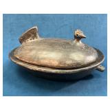 Handmade Unmarked Ceramic Lidded Dish with Bird Mo