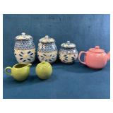 Ceramic Lidded Jars, Creamer, Sugar Bowl, and Pink