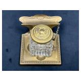 Brass Inkstand With Crystal Inkwell and Brass Lid
