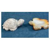 Two Stone Turtle Figurines in Agate and Marble