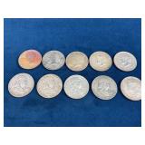 10 United States Half Dollar Coins, 1952-1964