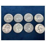 8 Washington Quarters, 90% Silver, Assorted Years