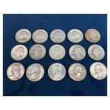 15 90% Silver Washington Quarters, Various Dates
