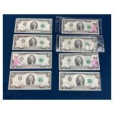Eight United States $2 Bills with Stamps and Ink M