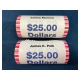 Two Rolls of Presidential $1 Coins Featuring James
