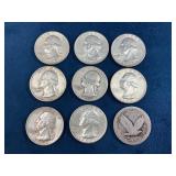 Nine US Quarters Including Standing Liberty and Wa