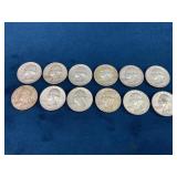 12 90% Silver Washington Quarters, Dated 1962-1964