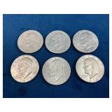 Six Eisenhower Dollar Coins, 1971-1978
