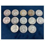 13 90% Silver Washington Quarters, Various Dates