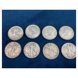 4 1964 Kennedy Half Dollars and 4 Walking Liberty