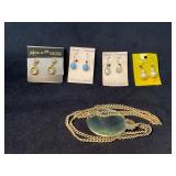 14K Gold Post Earrings and Gold-Tone Pendant Neckl