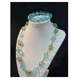 Gold-Tone Necklace and Bracelet Set With Aqua Bead