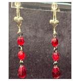 Silver Dangle Earrings with Red Beads and Heart Mo