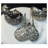 Three Pairs of Earrings: Floral, Filigree, and Cut