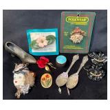 Vintage Collectibles Including Brooches, Spoons, a