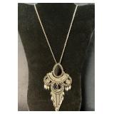 Ornate Silver-Tone Necklace with Smokey Stone Pend