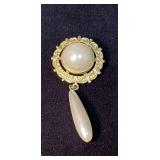 Gold-Tone Brooch with Faux Pearl and Teardrop Pend