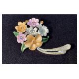 Floral Bouquet Pin with Enamel and Rhinestones