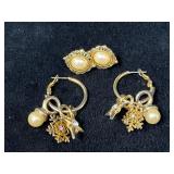 Gold-Tone Earrings with Pearl and Charm Accents