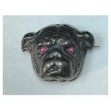 Sterling Silver Bulldog Face Brooch with Red Stone