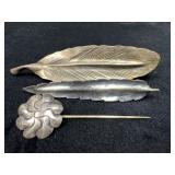 Three Sterling Silver Pins Featuring Leaf and Flor