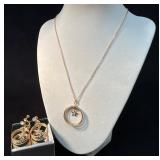 Gold Pendant Necklace and Screw-Back Earrings Set