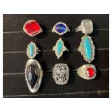 Nine Silver-Tone Rings Featuring Glass and Turquoi