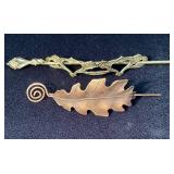 Two Metal Hair Pins with Leaf and Ornate Design