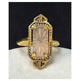Gold-Tone Ring with Engraved Glass and Central Rhi