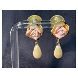 Gold-Tone Post Earrings with Pink Rose and Teardro