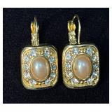 Gold-Tone Oval Pearl and Crystal Earrings with Lev