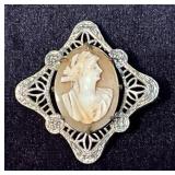 Vintage Cameo Shell Brooch With Ornate Filigree Fr