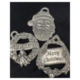Three Vintage Pewter Ornaments Featuring Holiday D