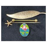 Three Decorative Pins and Gold-Tone Collar Bar