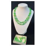 Double-Strand Green and Clear Glass Bead Necklace