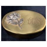 Oval Brass Trinket Box with Embossed Rose Detail a