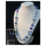 Blue Multi-Patterned Bead Necklace and Earring Set