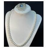 Simulated Pearl Necklace and Sarah Coventry Brooch