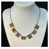 Goldtone Necklace with Amber-Colored Glass and Fil